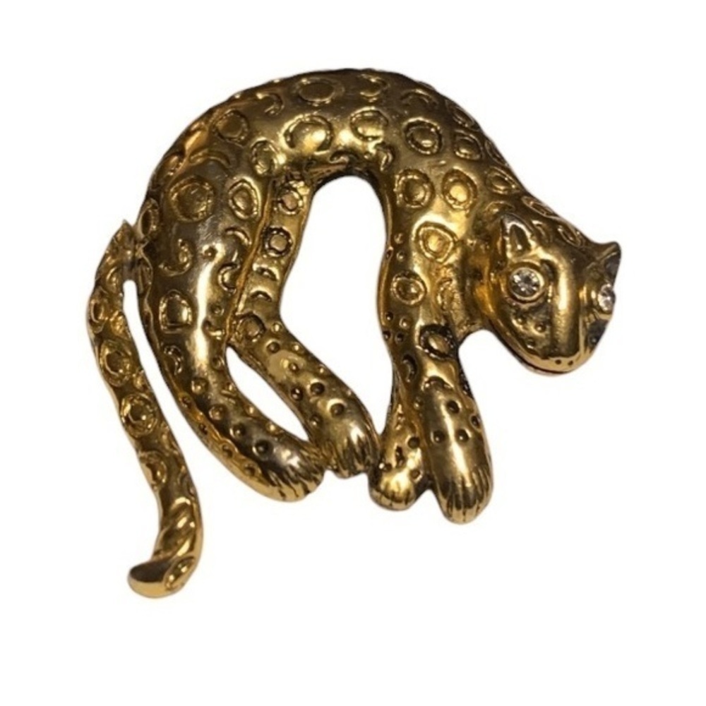 Cheetah Brooch Goldtone Pin with Cz Eyes and Movable Tail